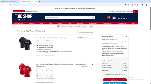 St. Louis Cardinals checkout page showing St. Louis Cardinals promo code box | Screenshot taken by SimplyCodes community member on Sep 11, 2025