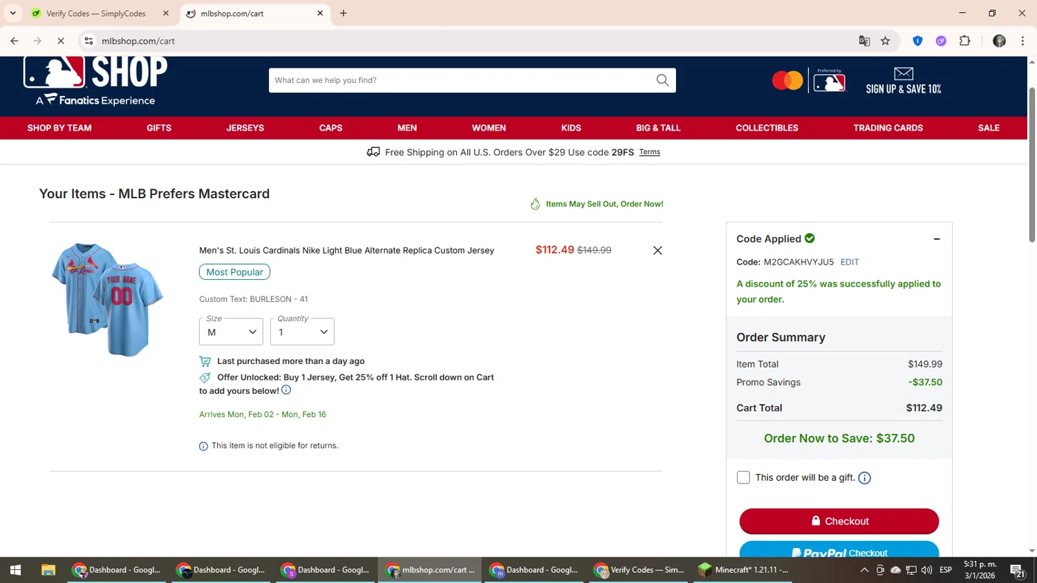 St. Louis Cardinals checkout page showing St. Louis Cardinals promo code box | Screenshot taken by SimplyCodes community member on Jan 3, 2026