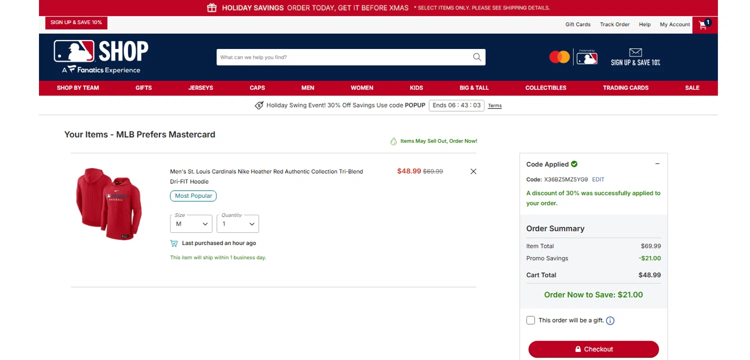 St. Louis Cardinals promo code screenshot showing code X36BZ5MZ5YG9 applied at St. Louis Cardinals checkout page. Uploaded by SimplyCodes community member OnlywM on Dec 18, 2025