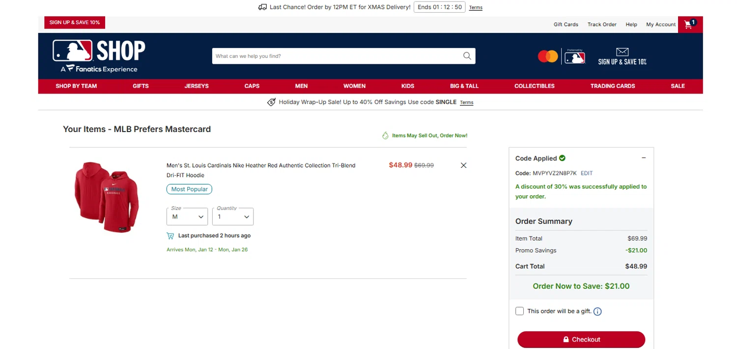 St. Louis Cardinals promo code screenshot showing code MVPYVZ2N8P7K applied at St. Louis Cardinals checkout page. Uploaded by SimplyCodes community member OnlywM on Dec 22, 2025