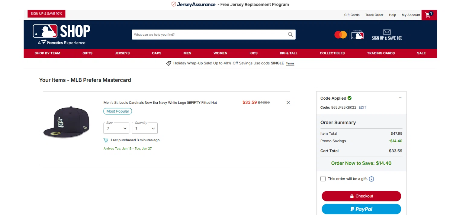 St. Louis Cardinals promo code screenshot showing code 965JPE5K8K22 applied at St. Louis Cardinals checkout page. Uploaded by SimplyCodes community member OnlywM on Dec 26, 2025
