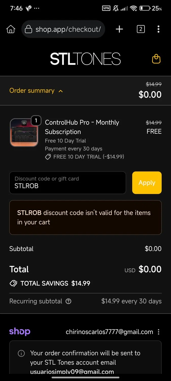 STL Tones discount code screenshot showing code STLROB applied at STL Tones checkout page. Uploaded by SimplyCodes community member Diego_Soto on Sep 20, 2025