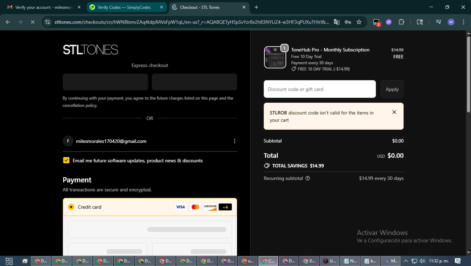 STL Tones checkout page showing STL Tones discount code box | Screenshot taken by SimplyCodes community member on Feb 10, 2026