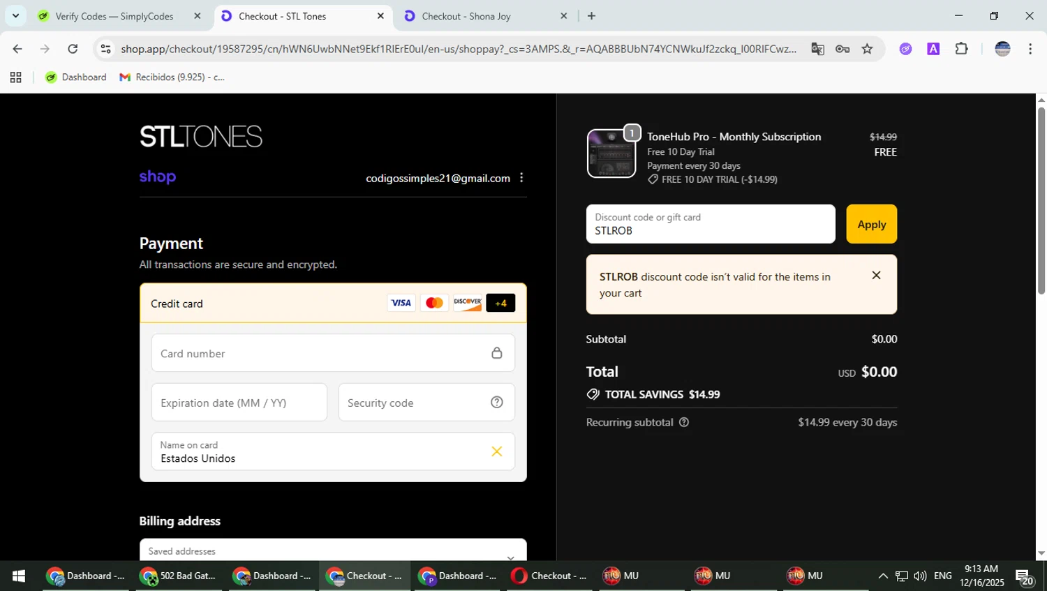 STL Tones discount code screenshot showing code STLROB applied at STL Tones checkout page. Uploaded by SimplyCodes community member TrevorPhilips on Dec 16, 2025