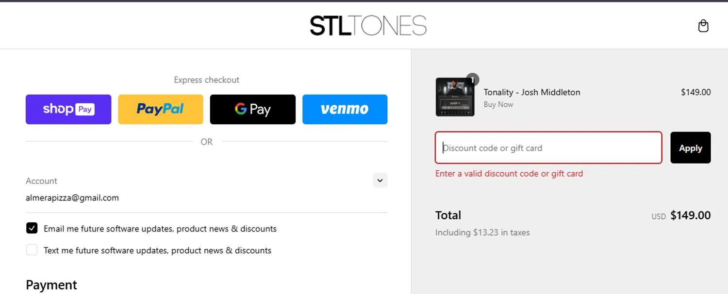 STL Tones discount code screenshot showing code EDUJ8HCSTK applied at STL Tones checkout page. Uploaded by SimplyCodes community member Francisco on Feb 5, 2025