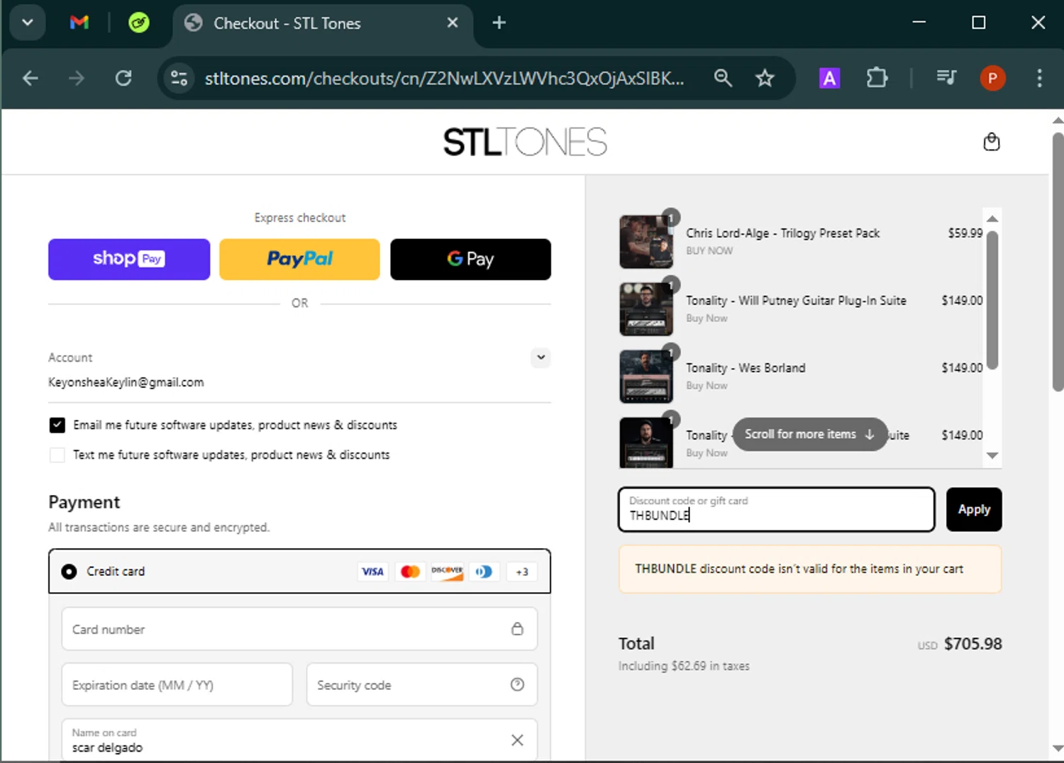 STL Tones discount code screenshot showing code THBUNDLE applied at STL Tones checkout page. Uploaded by SimplyCodes community member Isabelle_adjanichamber on Mar 17, 2025