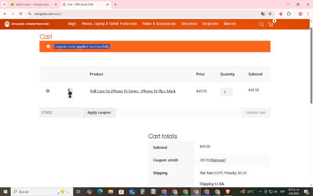 STM Goods checkout page showing STM Goods coupon code box | Screenshot taken by SimplyCodes community member on Jun 6, 2025