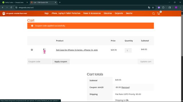 STM Goods checkout page showing STM Goods coupon code box | Screenshot taken by SimplyCodes community member on Jun 26, 2025