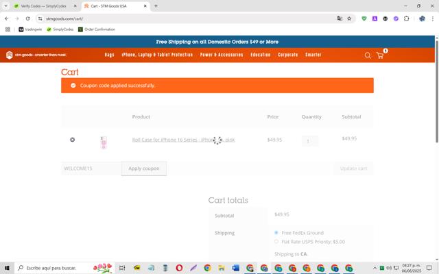 STM Goods checkout page showing STM Goods coupon code box | Screenshot taken by SimplyCodes community member on Jun 6, 2025