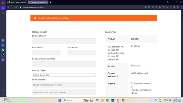 STM Goods checkout page showing STM Goods coupon code box | Screenshot taken by SimplyCodes community member on Jun 27, 2025