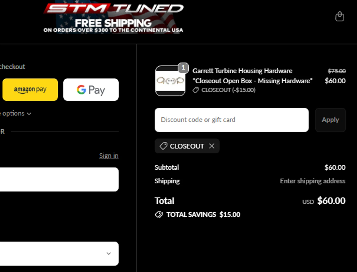 STM Tuned discount code screenshot showing code CLOSEOUT applied at STM Tuned checkout page. Uploaded by SimplyCodes community member CouponLion324 on Oct 7, 2025