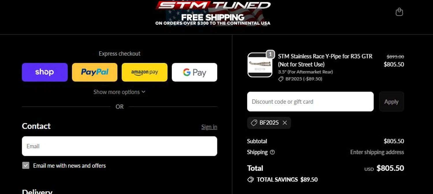 STM Tuned discount code screenshot showing code BF2025 applied at STM Tuned checkout page. Uploaded by SimplyCodes community member stygian1 on Nov 12, 2025