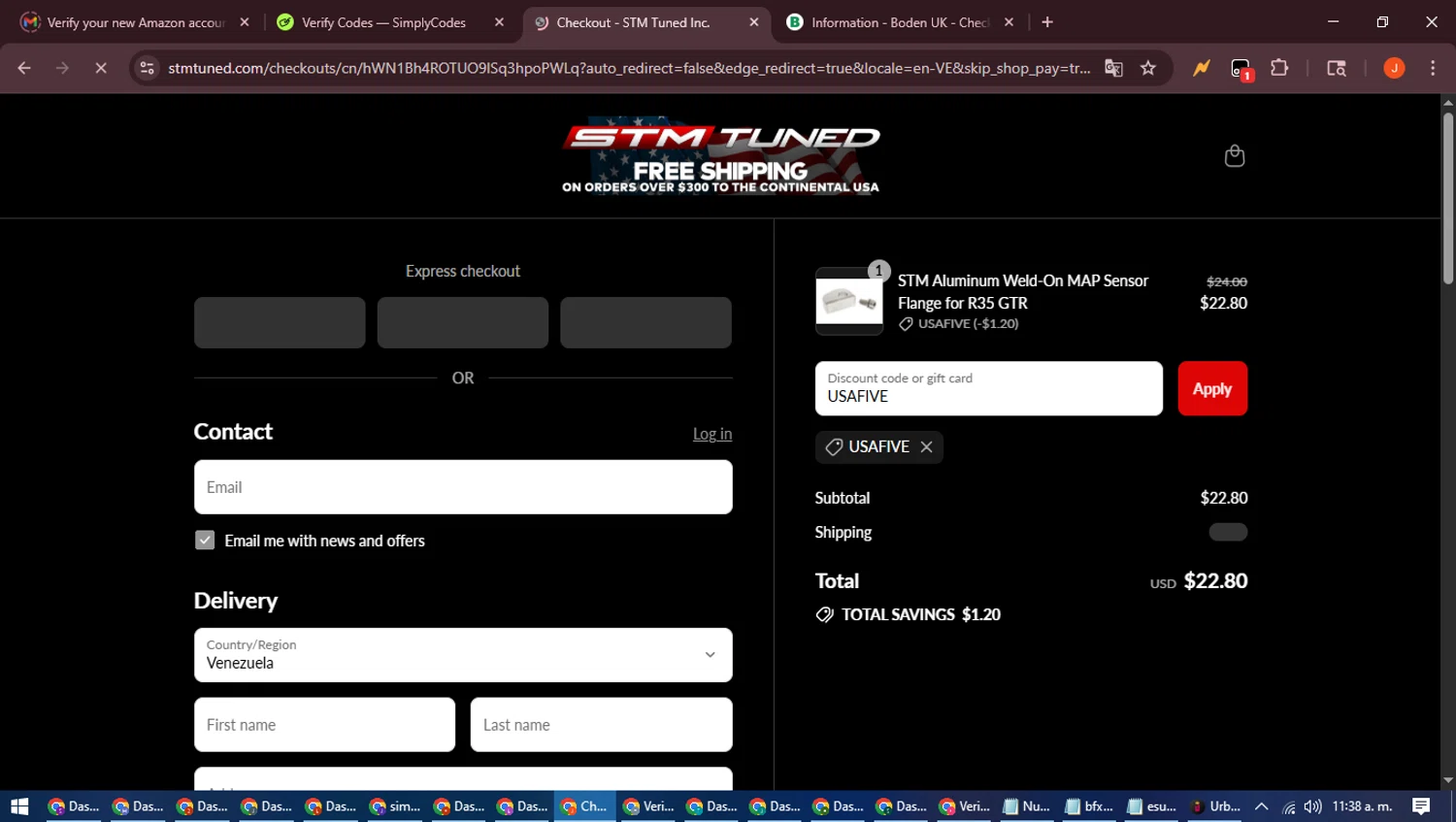 STM Tuned discount code screenshot showing code USAFIVE applied at STM Tuned checkout page. Uploaded by SimplyCodes community member NobleAce2304 on Jul 29, 2025