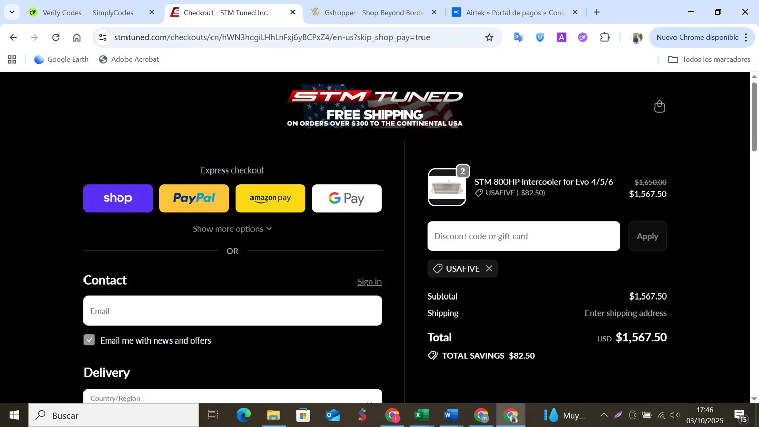 STM Tuned discount code screenshot showing code USAFIVE applied at STM Tuned checkout page. Uploaded by SimplyCodes community member NobleMonarch5837 on Oct 3, 2025