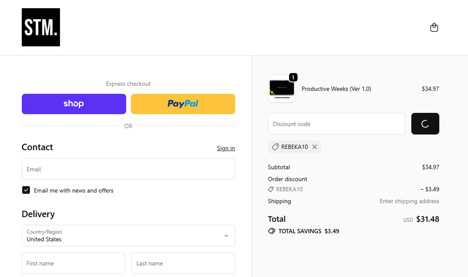 STM US promo code screenshot showing code REBEKA10 applied at STM US checkout page. Uploaded by SimplyCodes community member RewardOwl2444 on Dec 30, 2025