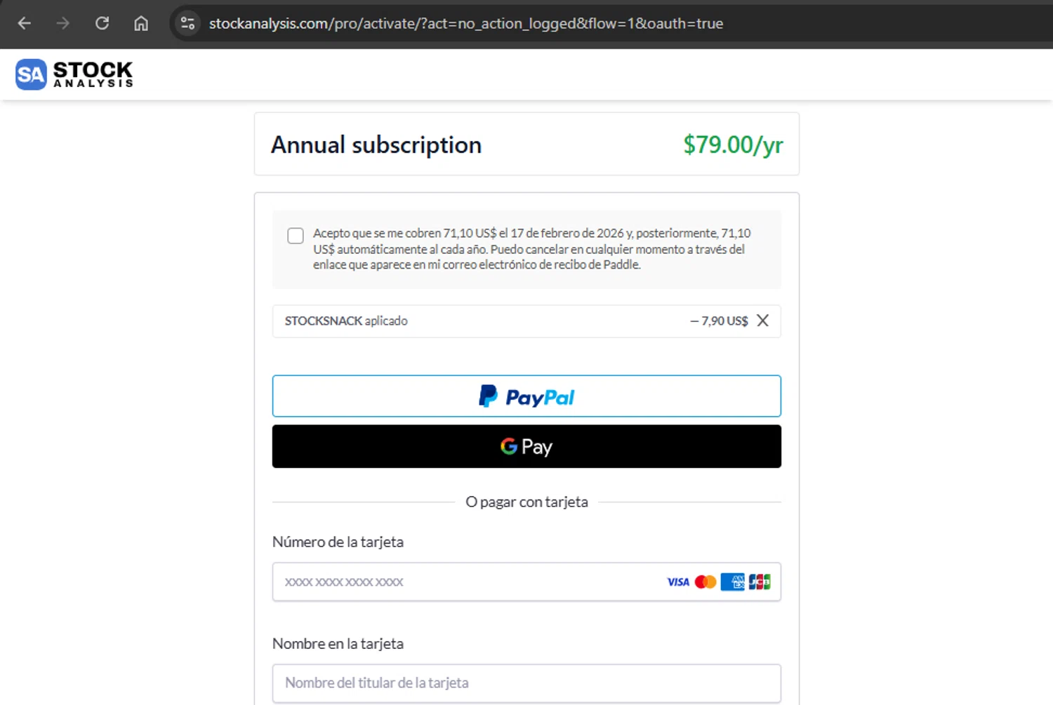 Stock Analysis checkout page showing Stock Analysis discount code box | Screenshot taken by SimplyCodes community member on Feb 18, 2026