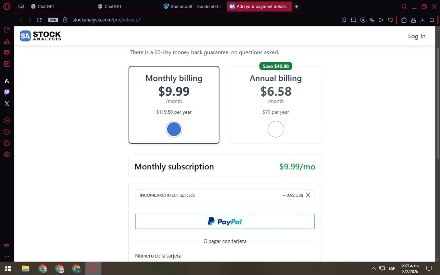 Stock Analysis checkout page showing Stock Analysis discount code box | Screenshot taken by SimplyCodes community member on Feb 8, 2026