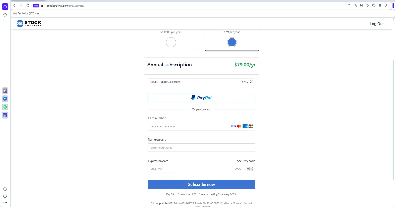 Stock Analysis checkout page showing Stock Analysis discount code box | Screenshot taken by SimplyCodes community member on Jan 10, 2026