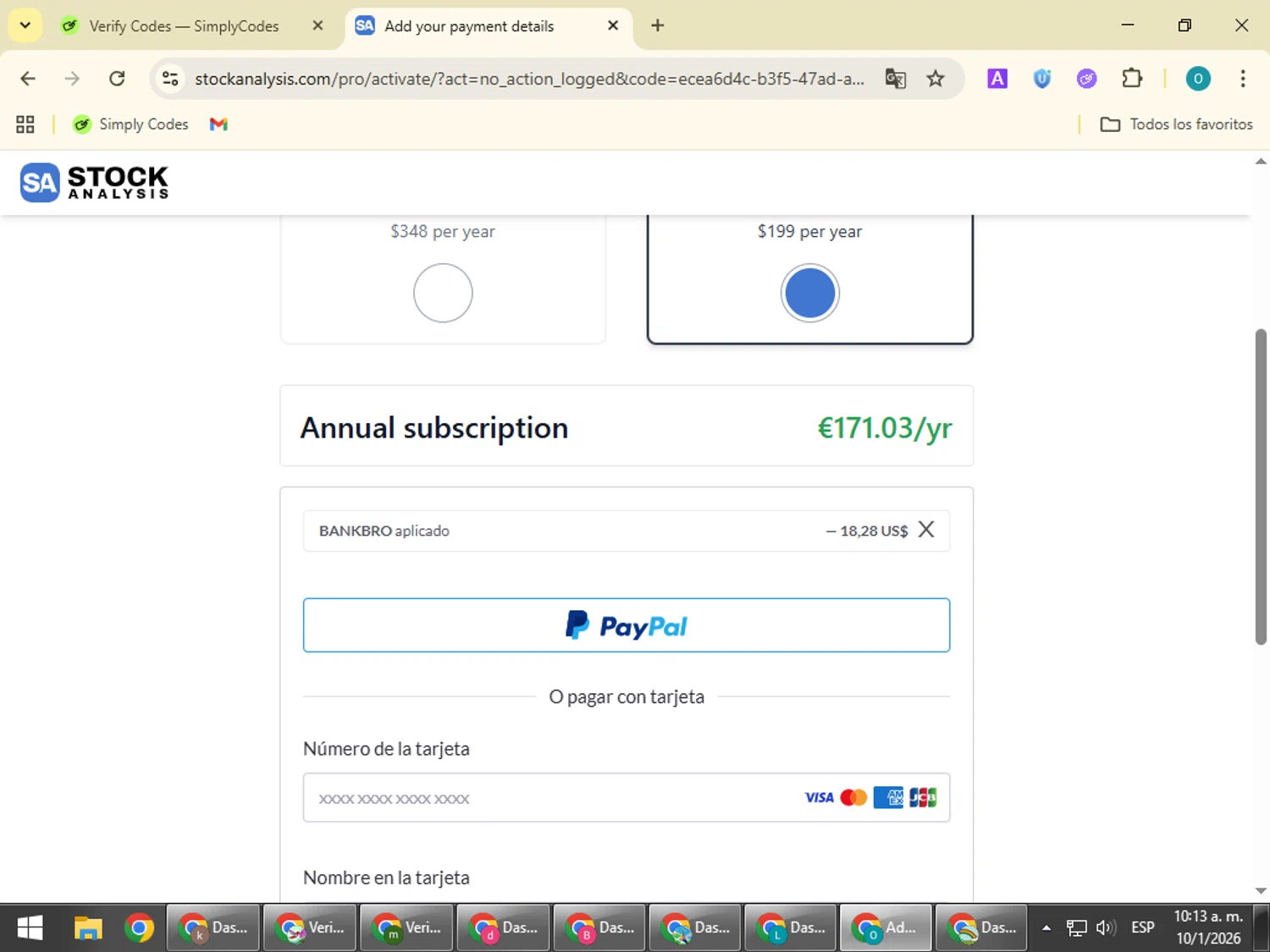 Stock Analysis checkout page showing Stock Analysis discount code box | Screenshot taken by SimplyCodes community member on Jan 10, 2026