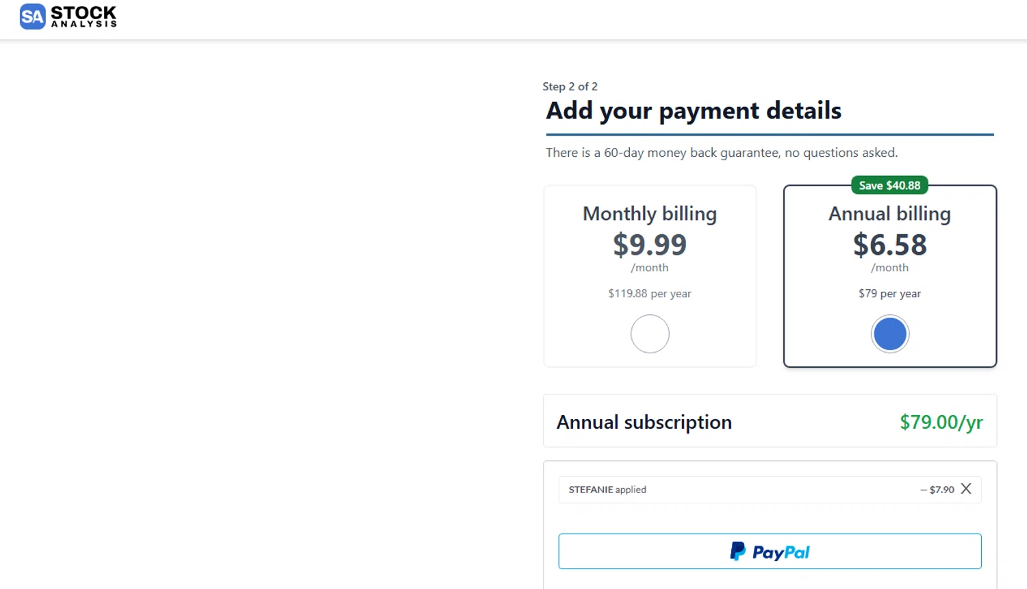 Stock Analysis checkout page showing Stock Analysis discount code box | Screenshot taken by SimplyCodes community member on Jan 10, 2026