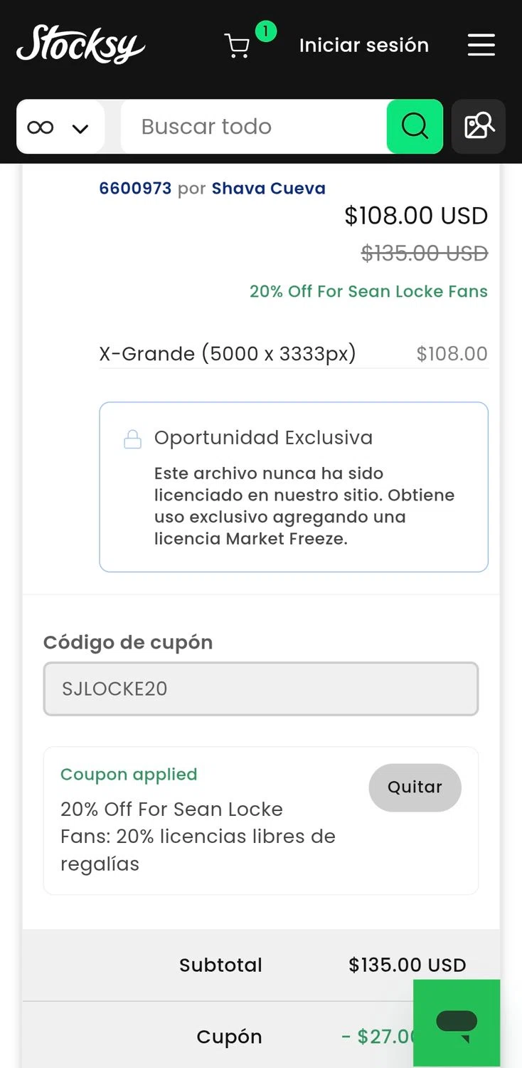 Stocksy checkout page showing Stocksy promo code box | Screenshot taken by SimplyCodes community member on Jan 23, 2026