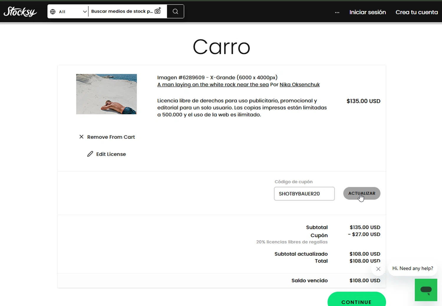 Stocksy promo code screenshot showing code SHOTBYBAUER20 applied at Stocksy checkout page. Uploaded by SimplyCodes community member FelixelGato on Jan 1, 2025