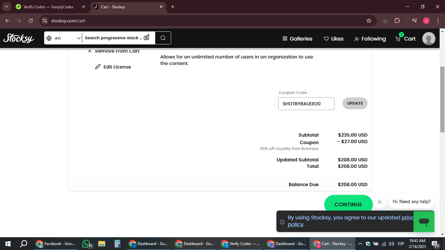 Stocksy promo code screenshot showing code SHOTBYBAUER20 applied at Stocksy checkout page. Uploaded by SimplyCodes community member JackWilson63 on Feb 14, 2025