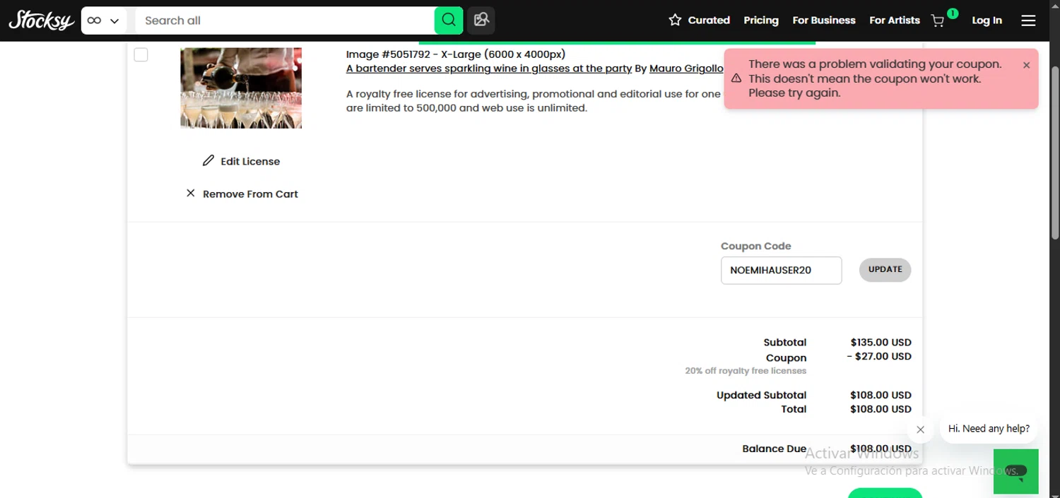 Stocksy promo code screenshot showing code NOEMIHAUSER20 applied at Stocksy checkout page. Uploaded by SimplyCodes community member Carlosramirez09 on Apr 20, 2025