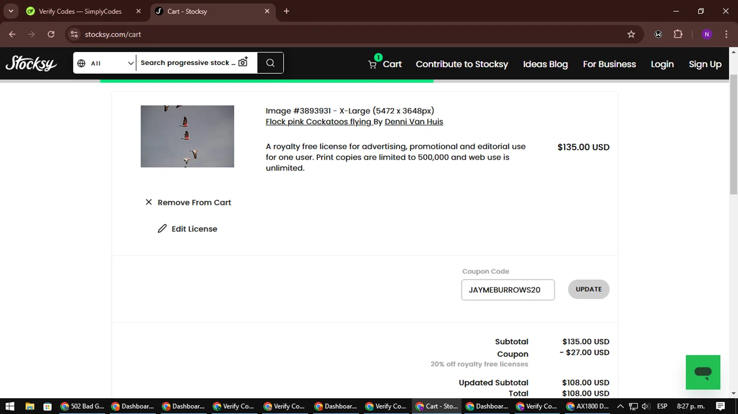 Stocksy promo code screenshot showing code JAYMEBURROWS20 applied at Stocksy checkout page. Uploaded by SimplyCodes community member NATAAAAAANAELCANO on Jan 21, 2025
