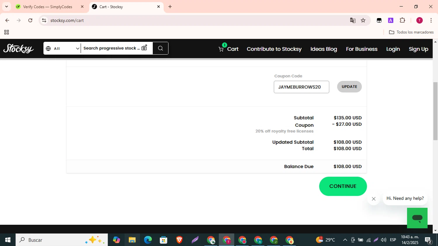 Stocksy promo code screenshot showing code JAYMEBURROWS20 applied at Stocksy checkout page. Uploaded by SimplyCodes community member SavvyLynx7166 on Feb 14, 2025