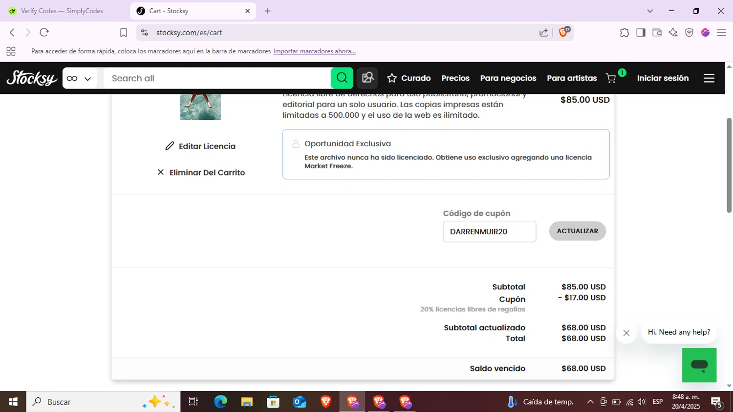 Stocksy promo code screenshot showing code DARRENMUIR20 applied at Stocksy checkout page. Uploaded by SimplyCodes community member Juan2715 on Apr 20, 2025