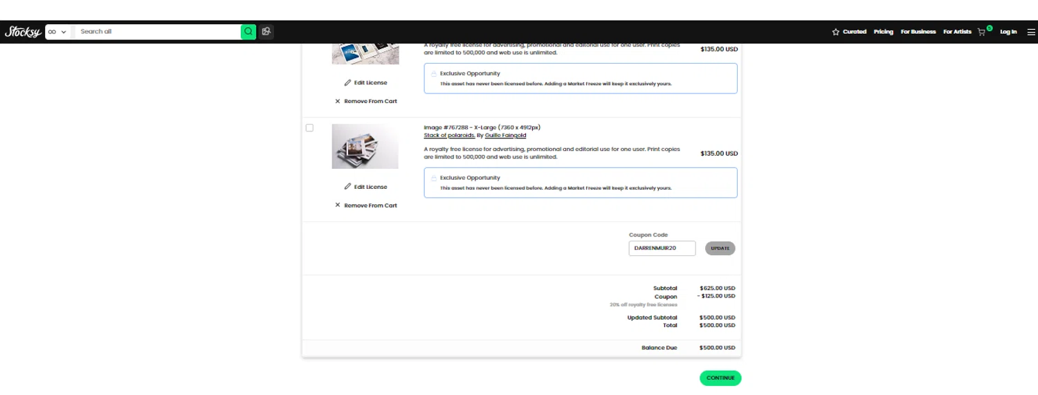 Stocksy promo code screenshot showing code DARRENMUIR20 applied at Stocksy checkout page. Uploaded by SimplyCodes community member obito1234 on Apr 20, 2025