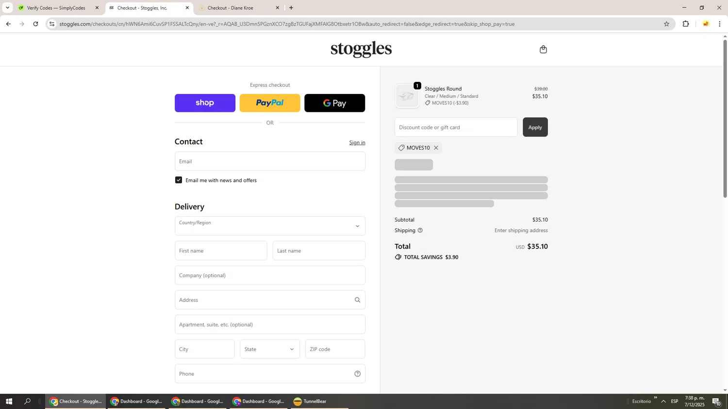 Stoggles discount code screenshot showing code MOVES10 applied at Stoggles checkout page. Uploaded by SimplyCodes community member Richard251 on Dec 7, 2025