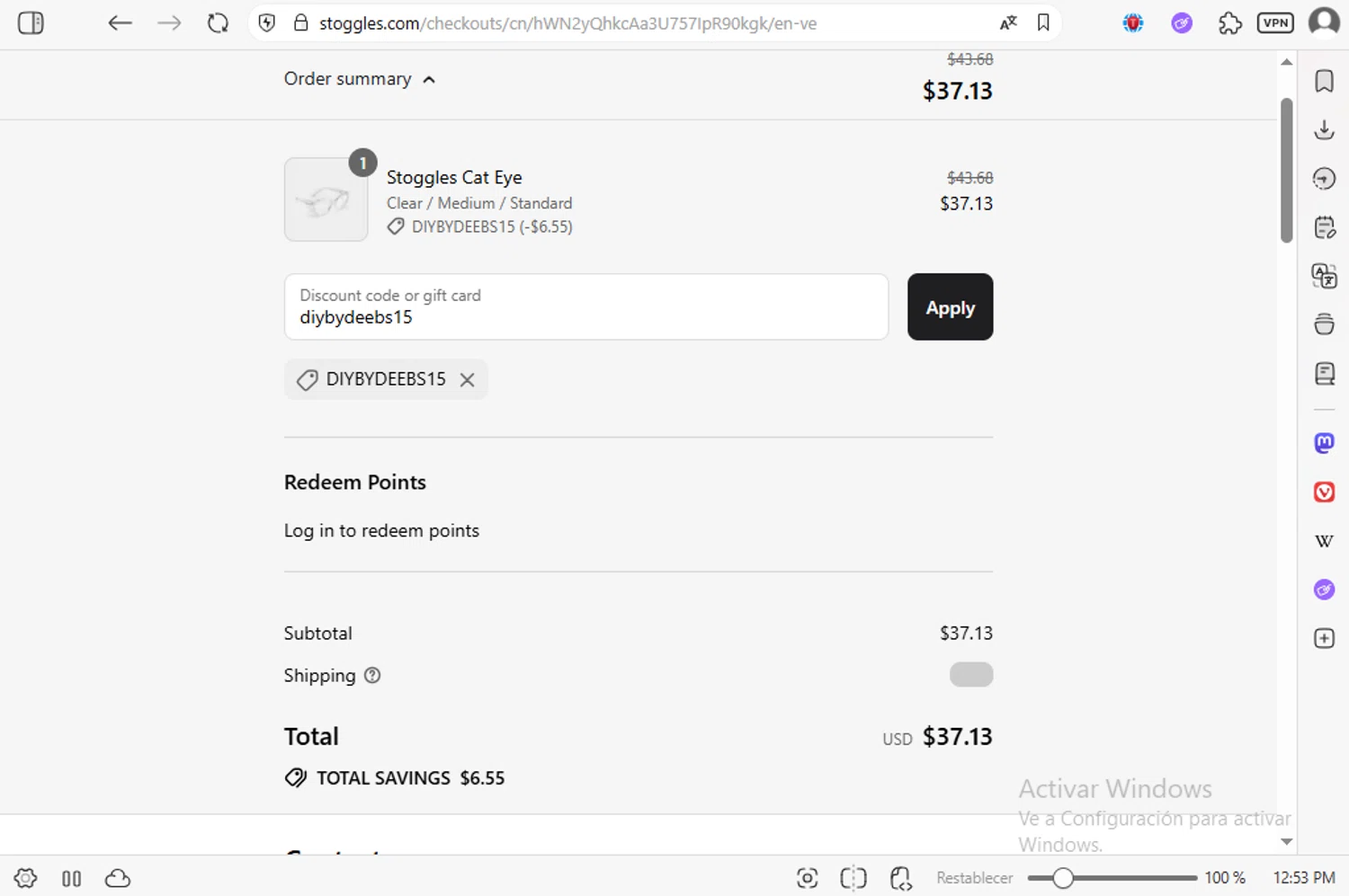 Stoggles discount code screenshot showing code diybydeebs15 applied at Stoggles checkout page. Uploaded by SimplyCodes community member luissilva2 on Sep 14, 2025