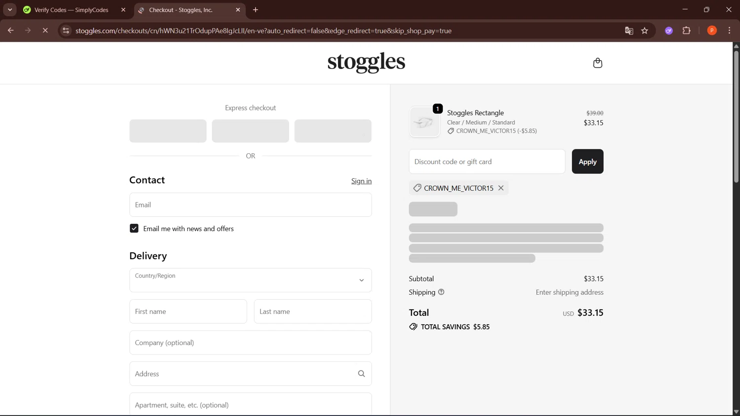 Stoggles discount code screenshot showing code CROWN_ME_VICTOR15 applied at Stoggles checkout page. Uploaded by SimplyCodes community member LegendaryPro3698 on Oct 9, 2025
