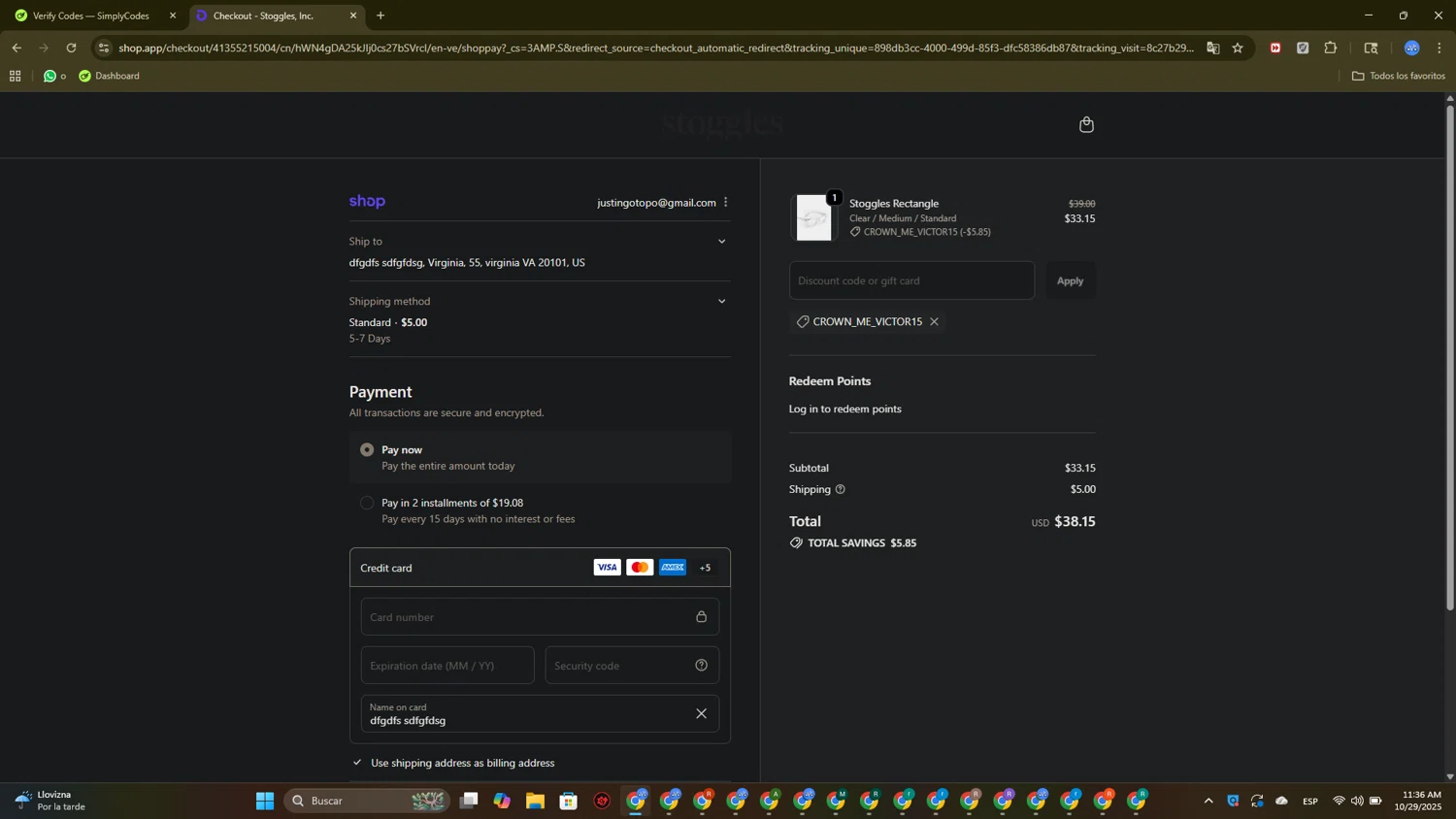 Stoggles discount code screenshot showing code CROWN_ME_VICTOR15 applied at Stoggles checkout page. Uploaded by SimplyCodes community member PromoTitan1625 on Oct 29, 2025