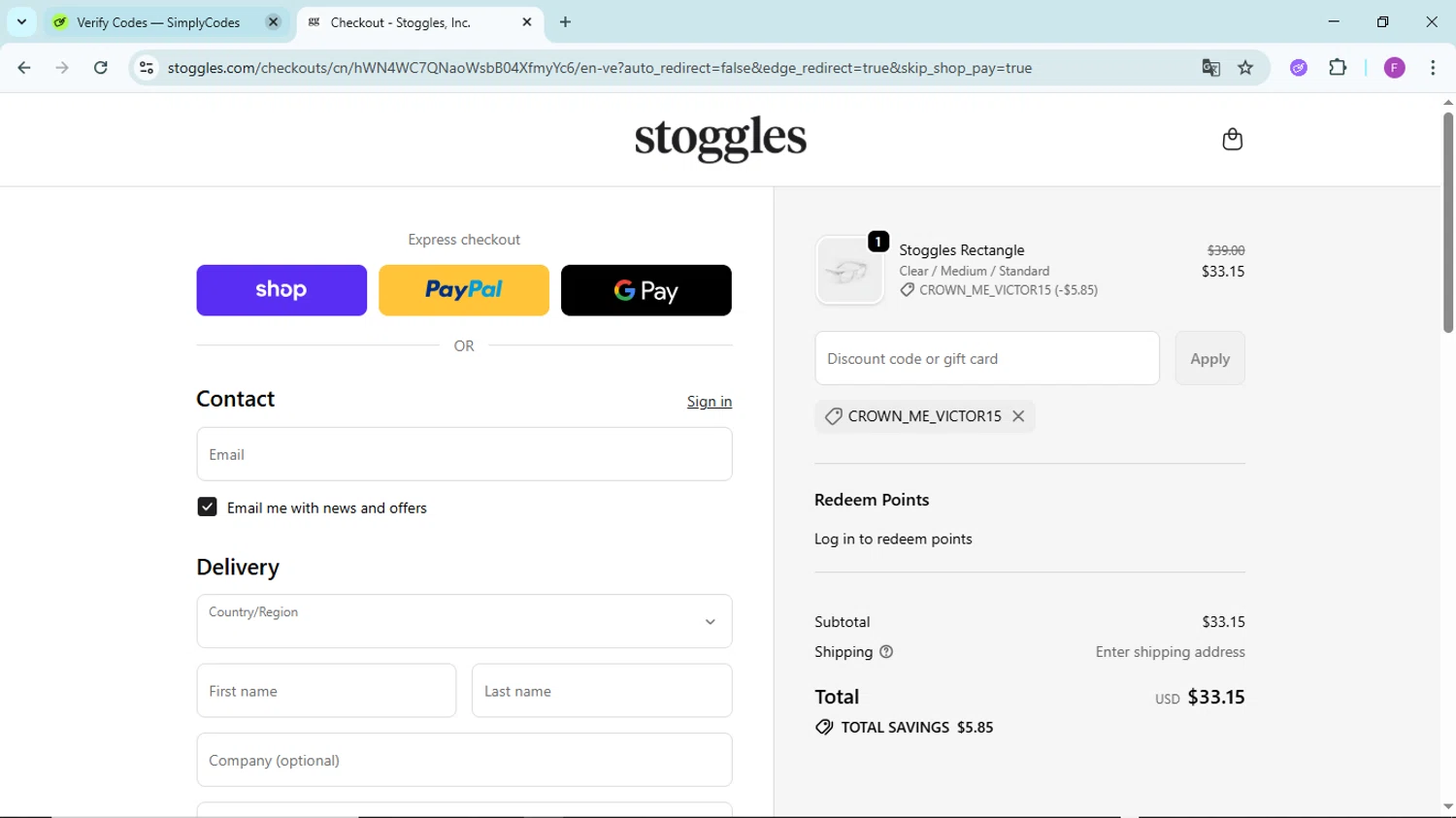 Stoggles discount code screenshot showing code CROWN_ME_VICTOR15 applied at Stoggles checkout page. Uploaded by SimplyCodes community member ShieldTitan6985 on Oct 25, 2025