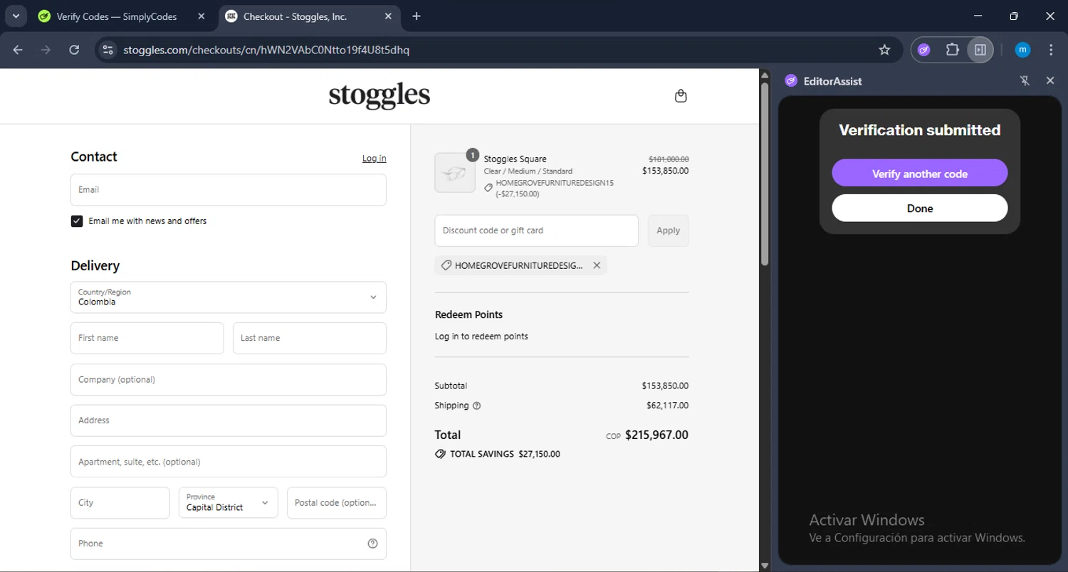 Stoggles discount code screenshot showing code HOMEGROVEFURNITUREDESIGN15 applied at Stoggles checkout page. Uploaded by SimplyCodes community member LuckyWarden9122 on Sep 2, 2025
