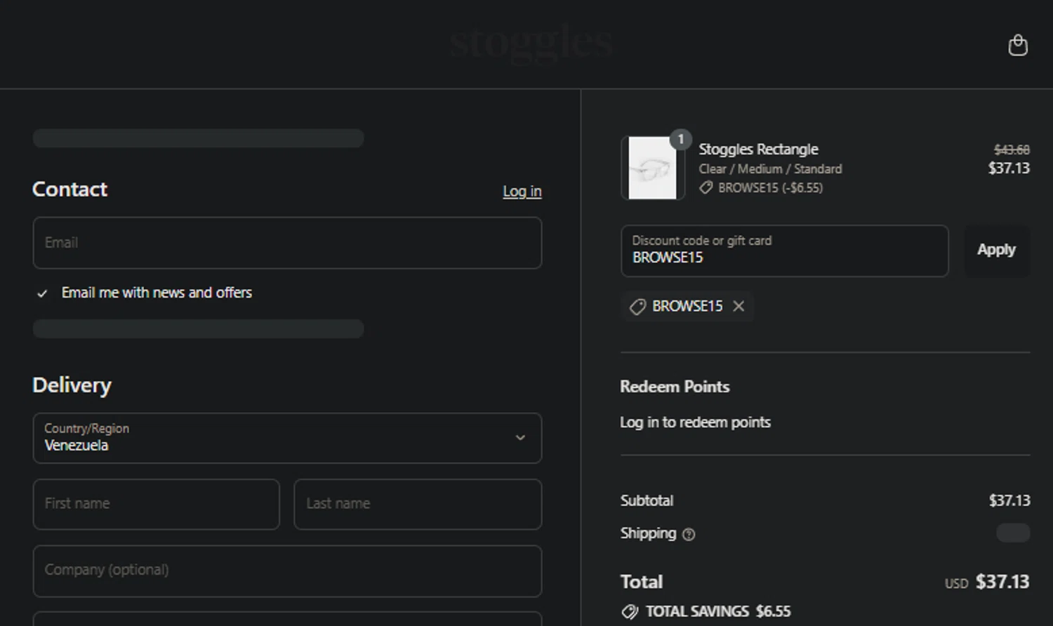Stoggles discount code screenshot showing code BROWSE15 applied at Stoggles checkout page. Uploaded by SimplyCodes community member idkxxx on Jul 7, 2025