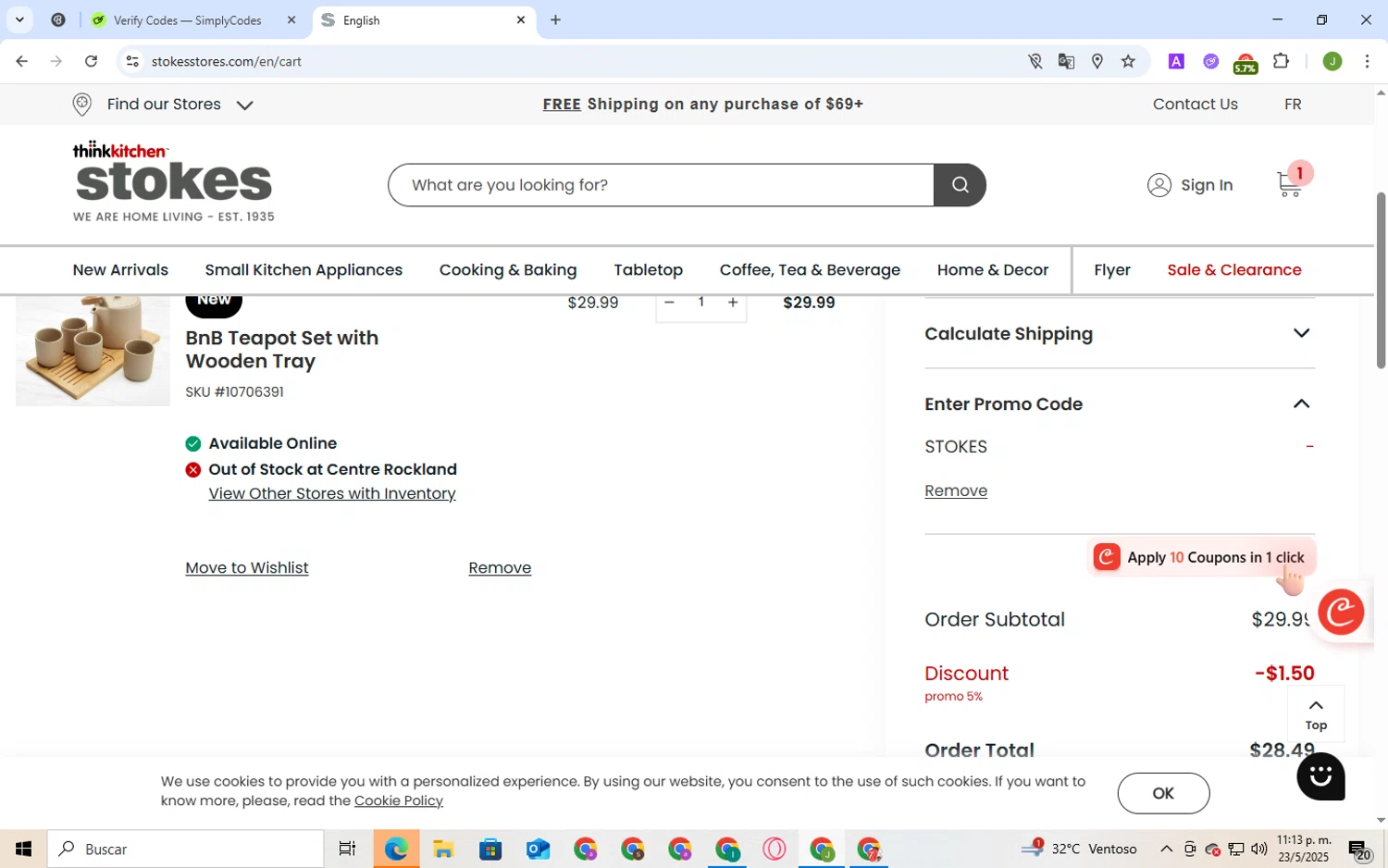 Stokes promo code screenshot showing code STOKES applied at Stokes checkout page. Uploaded by SimplyCodes community member BukayoSaka on May 23, 2025