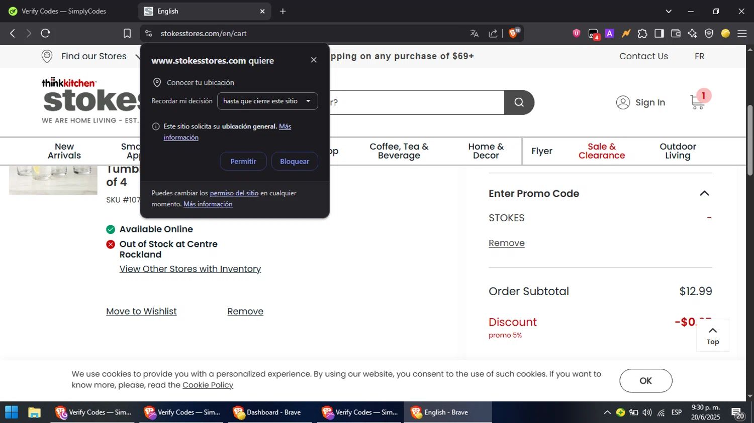 Stokes promo code screenshot showing code STOKES applied at Stokes checkout page. Uploaded by SimplyCodes community member PromoScout8746 on Jun 21, 2025