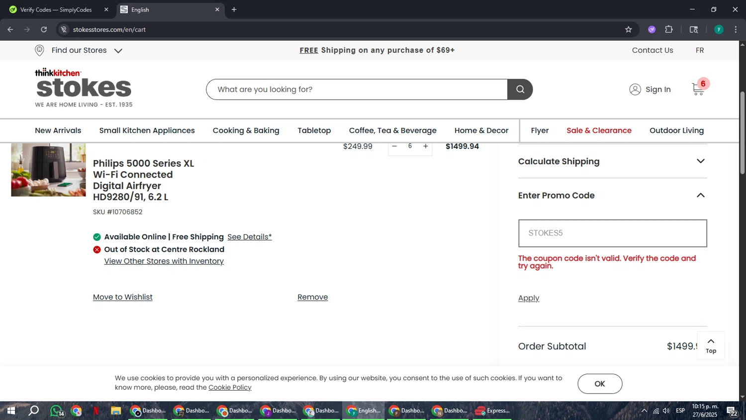 Stokes promo code screenshot showing code STOKES5 applied at Stokes checkout page. Uploaded by SimplyCodes community member FrugalCaptain6906 on Jun 28, 2025