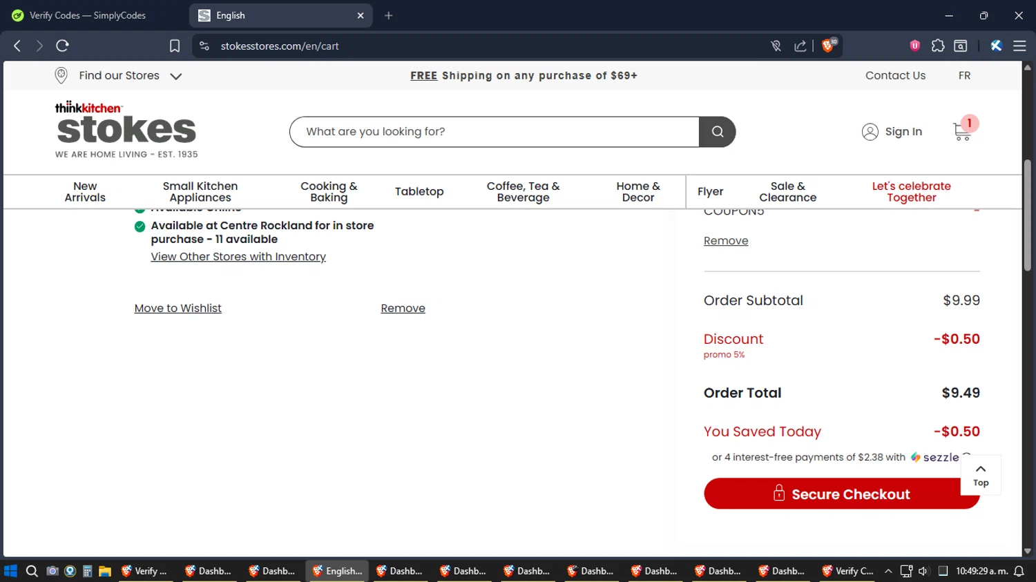 Stokes promo code screenshot showing code COUPON5 applied at Stokes checkout page. Uploaded by SimplyCodes community member ZoilaPerrita on Dec 12, 2025