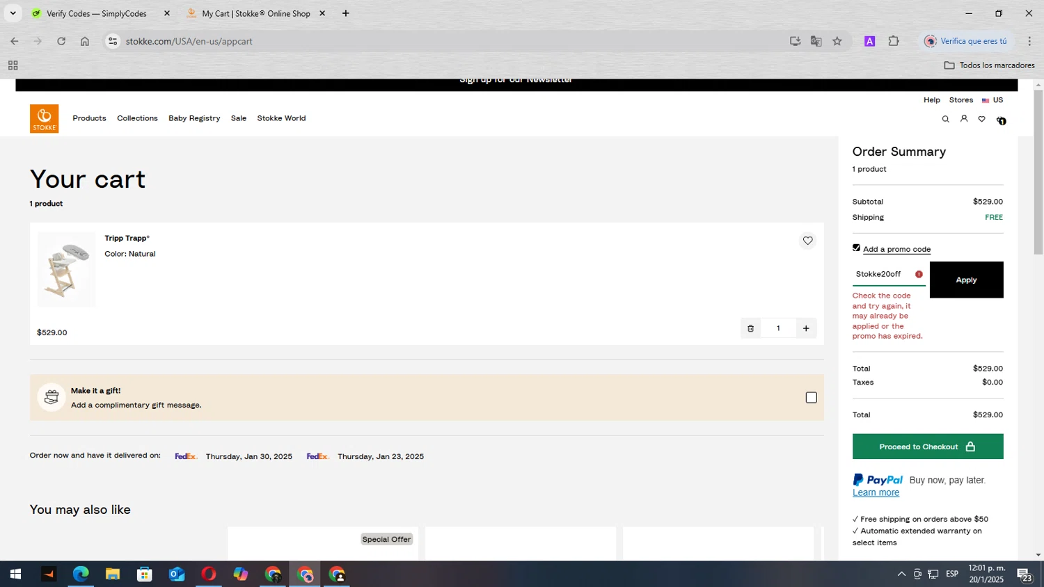Stokke promo code screenshot showing code Stokke20off applied at Stokke checkout page. Uploaded by SimplyCodes community member lisandro on Jan 20, 2025