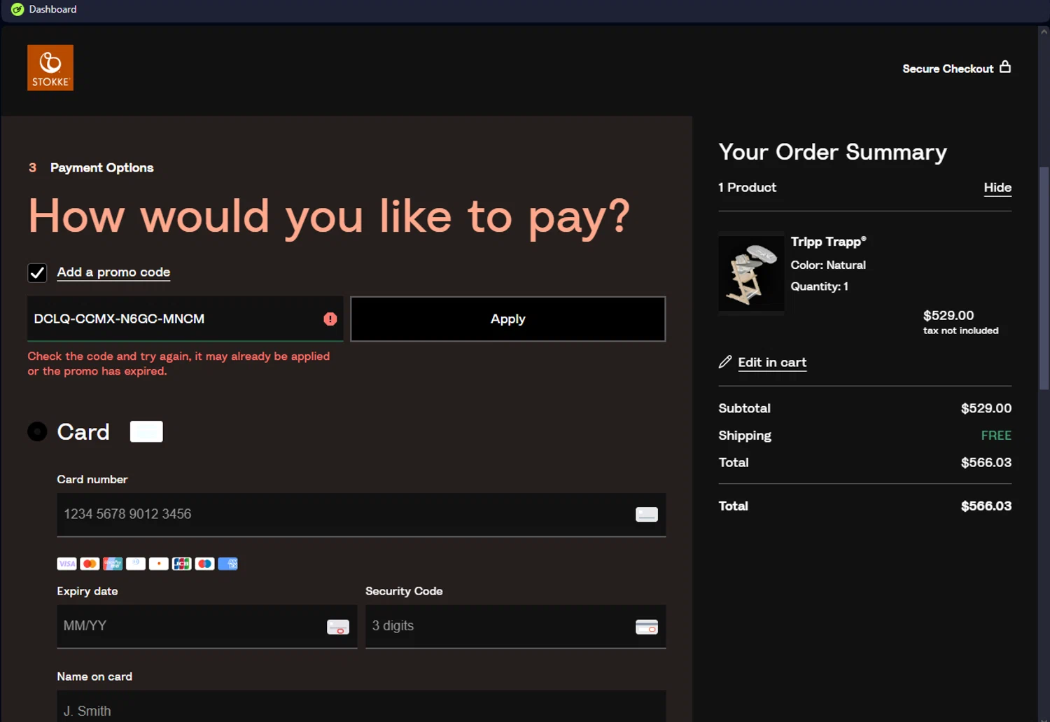 Stokke promo code screenshot showing code DCLQ-CCMX-N6GC-MNCM applied at Stokke checkout page. Uploaded by SimplyCodes community member ScanEagle7415 on Jan 20, 2025