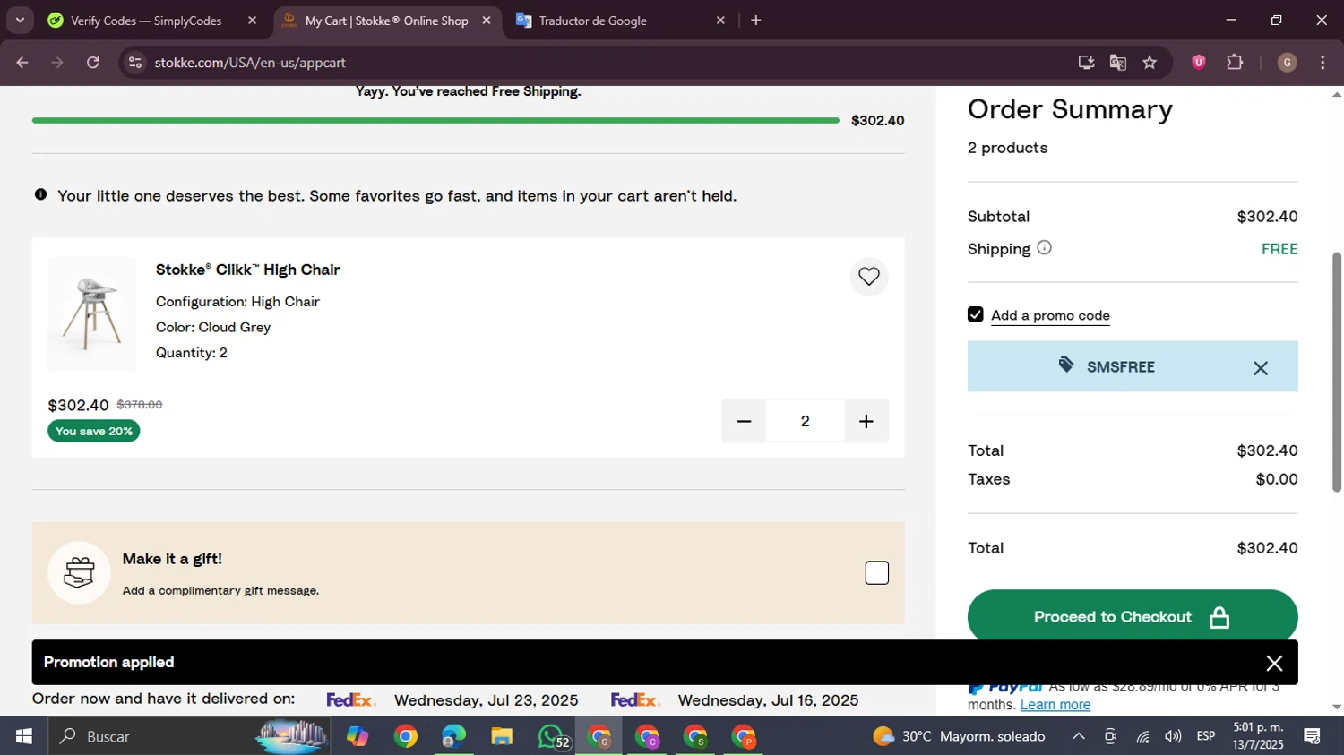 Stokke promo code screenshot showing code SMSFREE applied at Stokke checkout page. Uploaded by SimplyCodes community member BrilliantTracker4207 on Jul 13, 2025