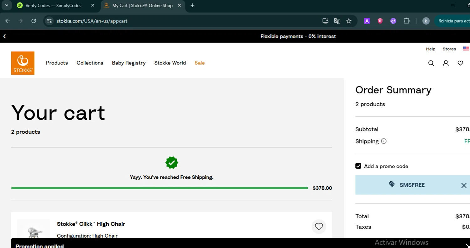 Stokke promo code screenshot showing code SMSFREE applied at Stokke checkout page. Uploaded by SimplyCodes community member FortunateMaven6799 on Jun 22, 2025