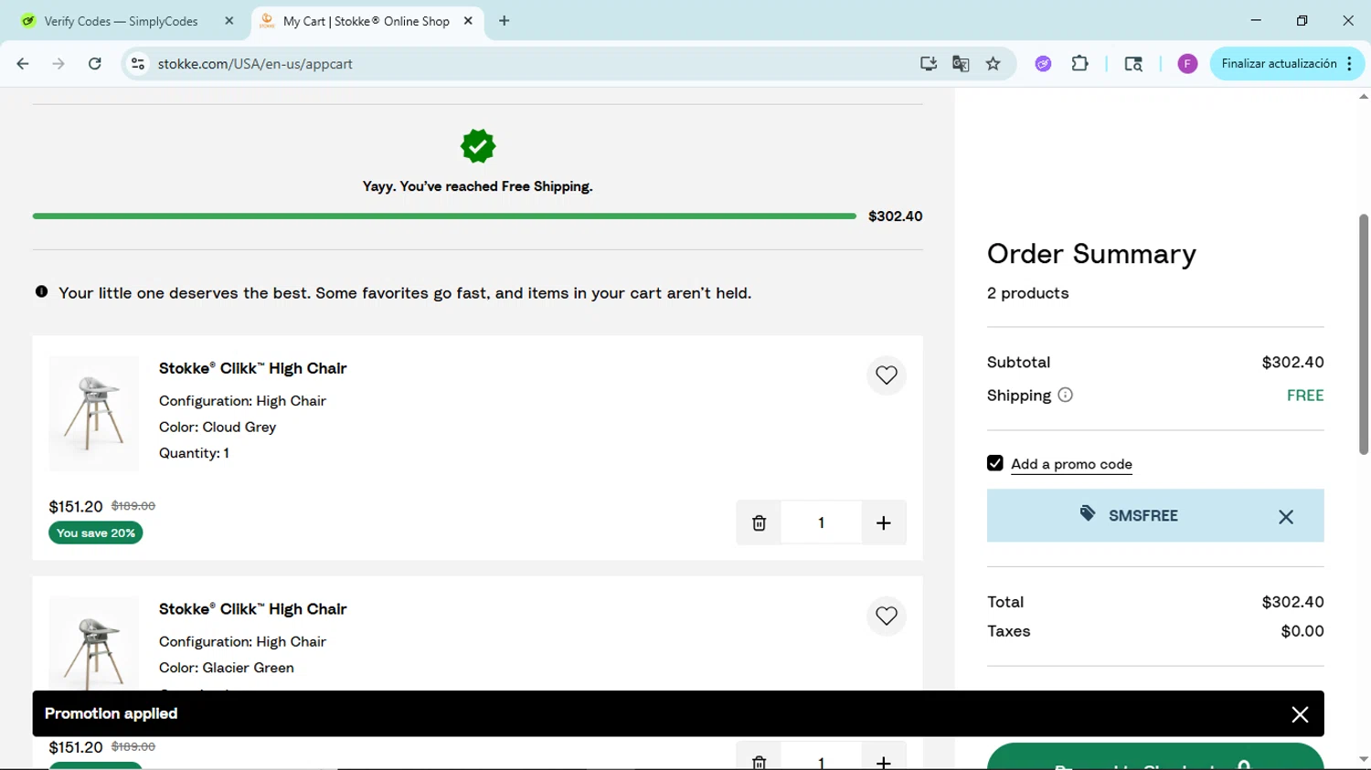Stokke promo code screenshot showing code SMSFREE applied at Stokke checkout page. Uploaded by SimplyCodes community member ShieldTitan6985 on Jul 23, 2025