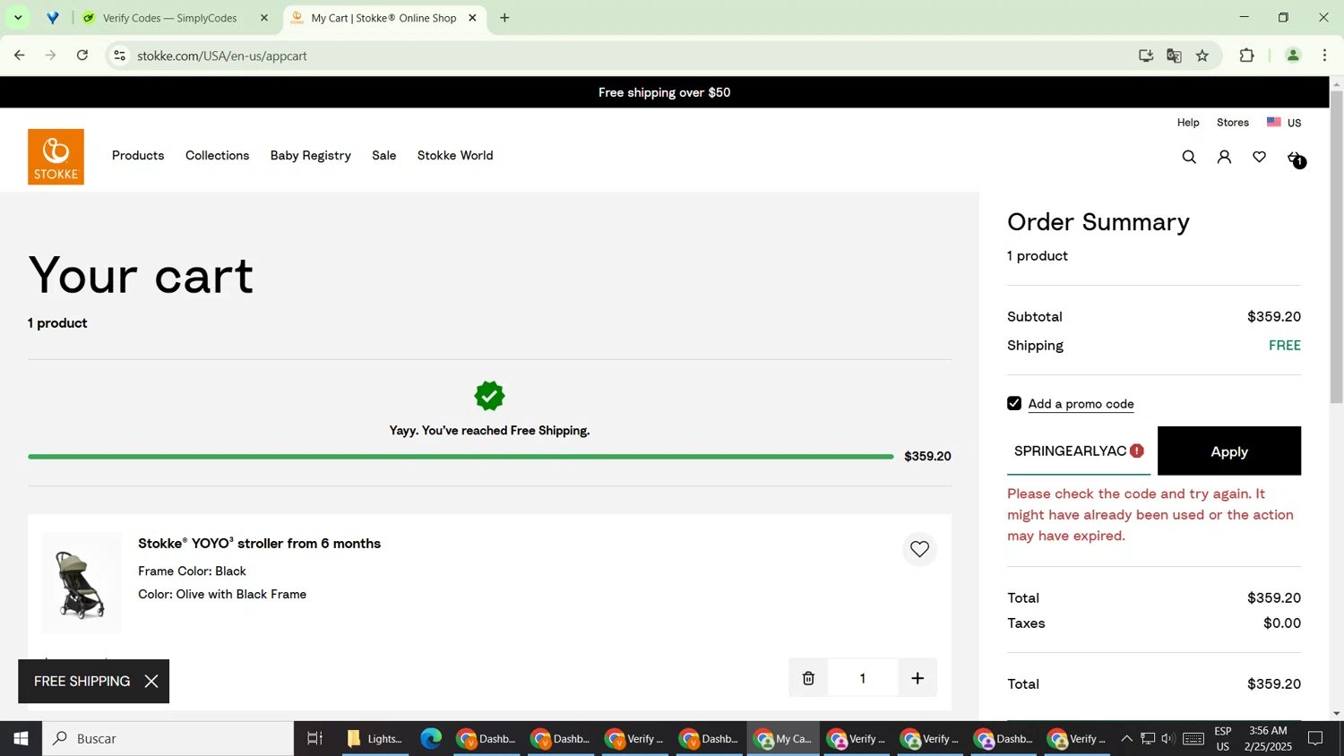 Stokke promo code screenshot showing code SPRINGEARLYACCESS applied at Stokke checkout page. Uploaded by SimplyCodes community member MightyPro2893 on Feb 25, 2025