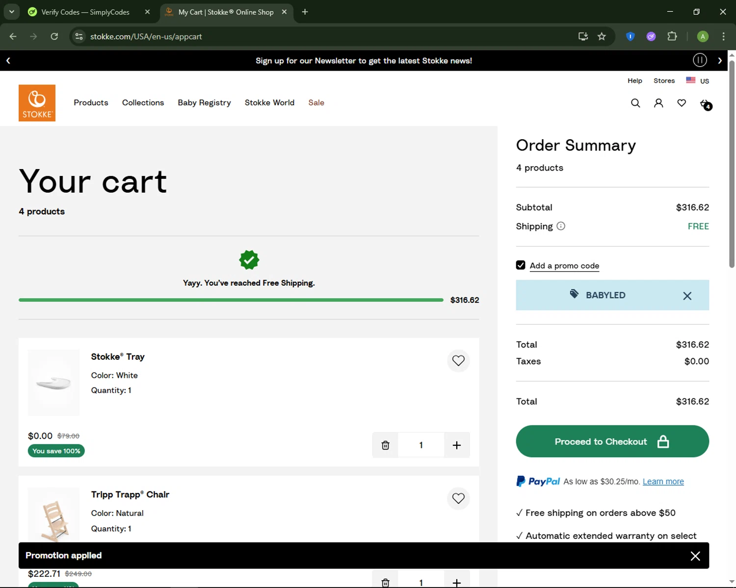Stokke checkout page showing Stokke promo code box | Screenshot taken by SimplyCodes community member on Sep 8, 2025